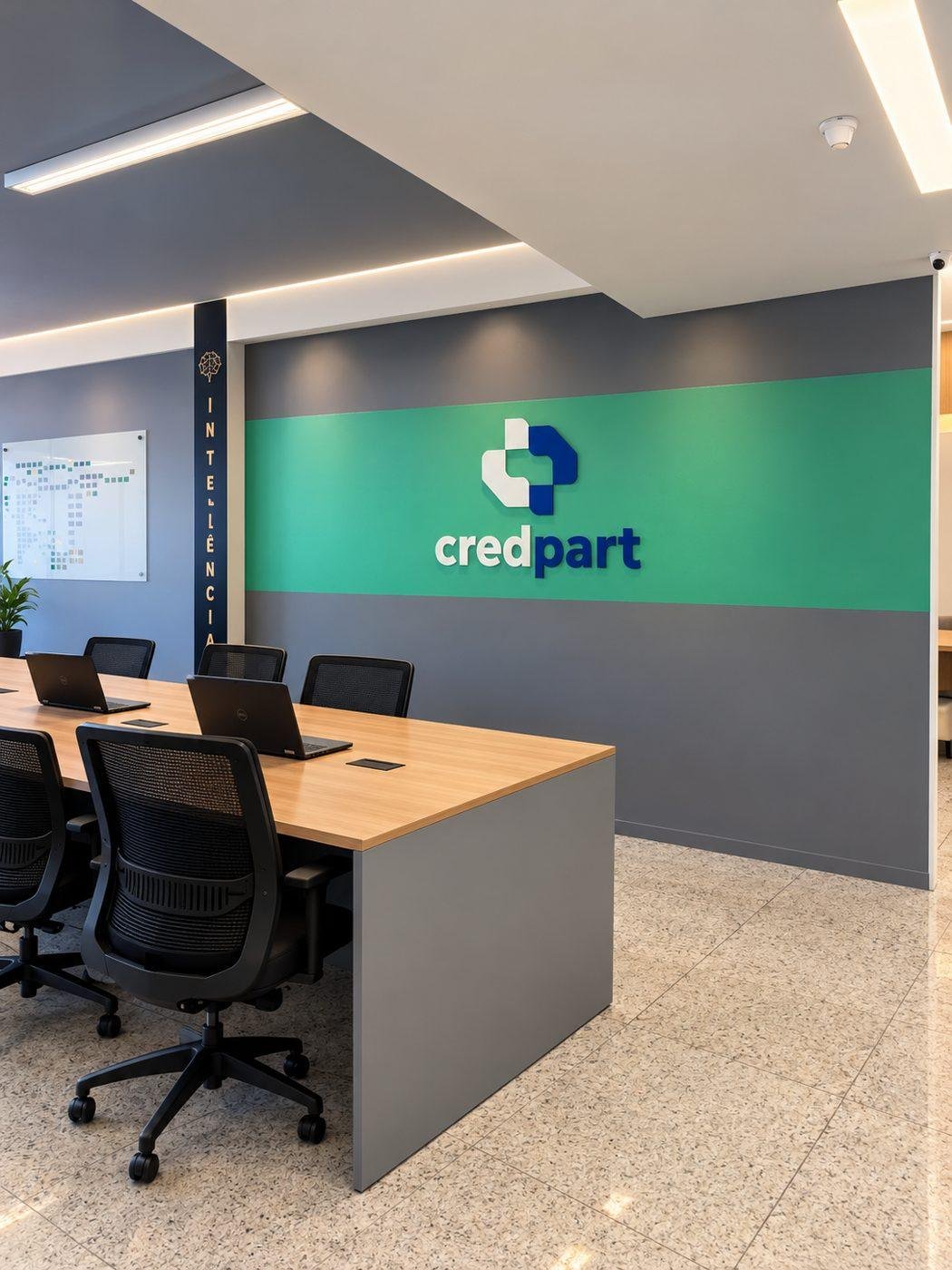 Escritório da Credpart com a logo na parede verde e mesa de atendimento